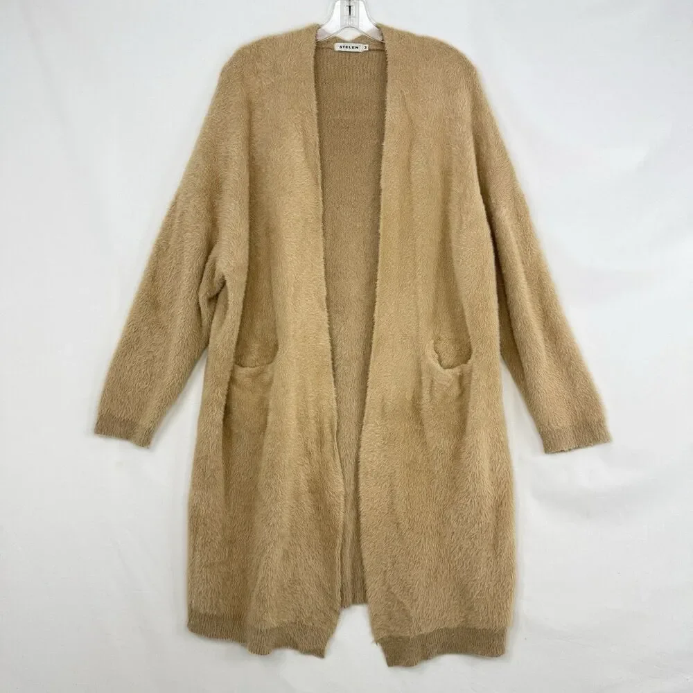 STELEN Fuzzy Knit Long Cardigan Sweater Camel Tan Open Front Slouchy Womens Sz M